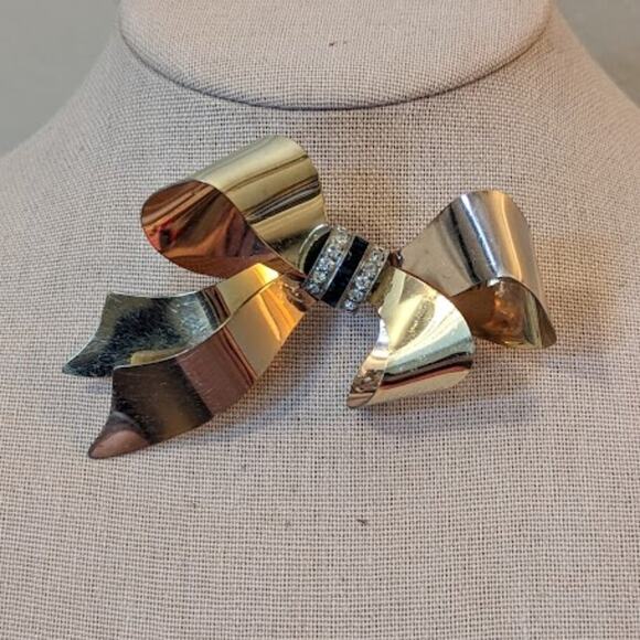 Vintage 1940s Signed Taylord Sterling/12k Gold Filled Retro Bow Brooch - Picture 3 of 6